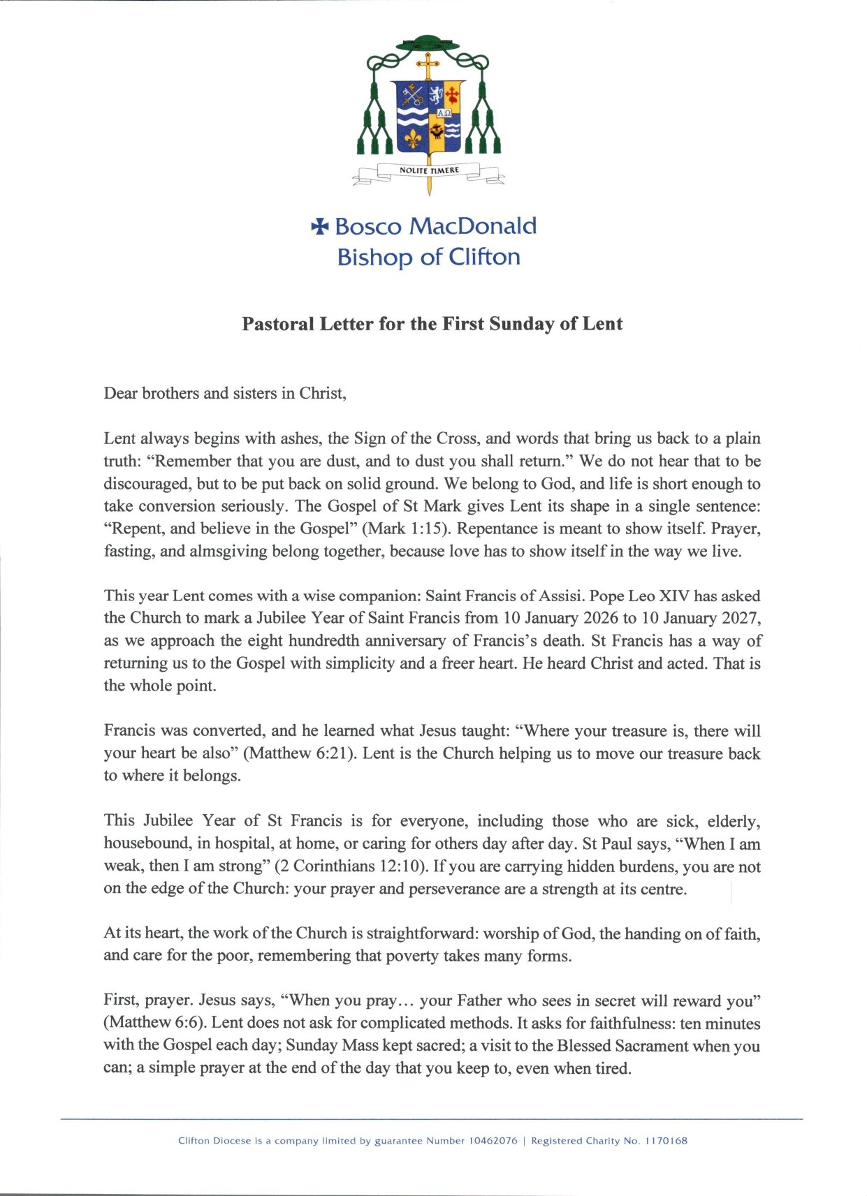 Pastoral Letter For The First Sunday Of Lent 2026 Page 0001