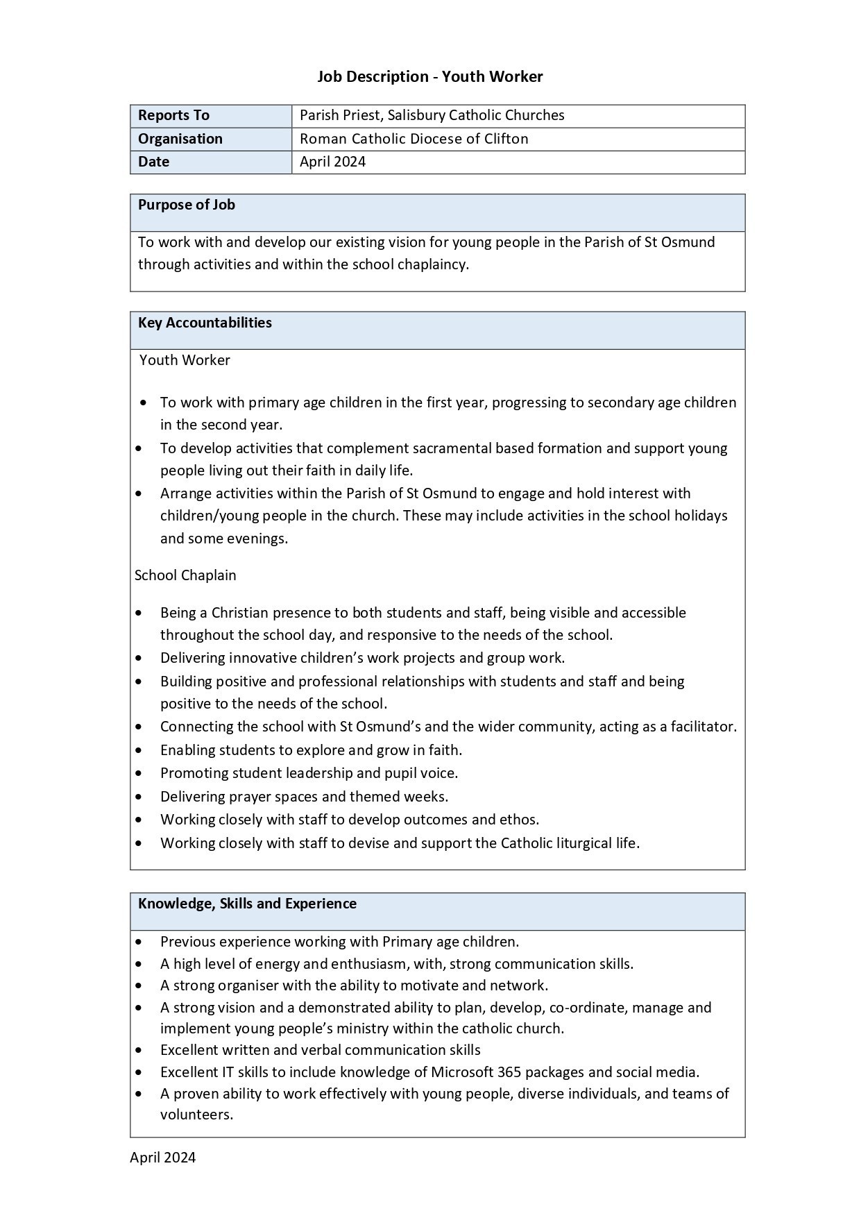Job Description   Youth Worker St Osmunds Salisbury   April 2024   Approved Page 0001