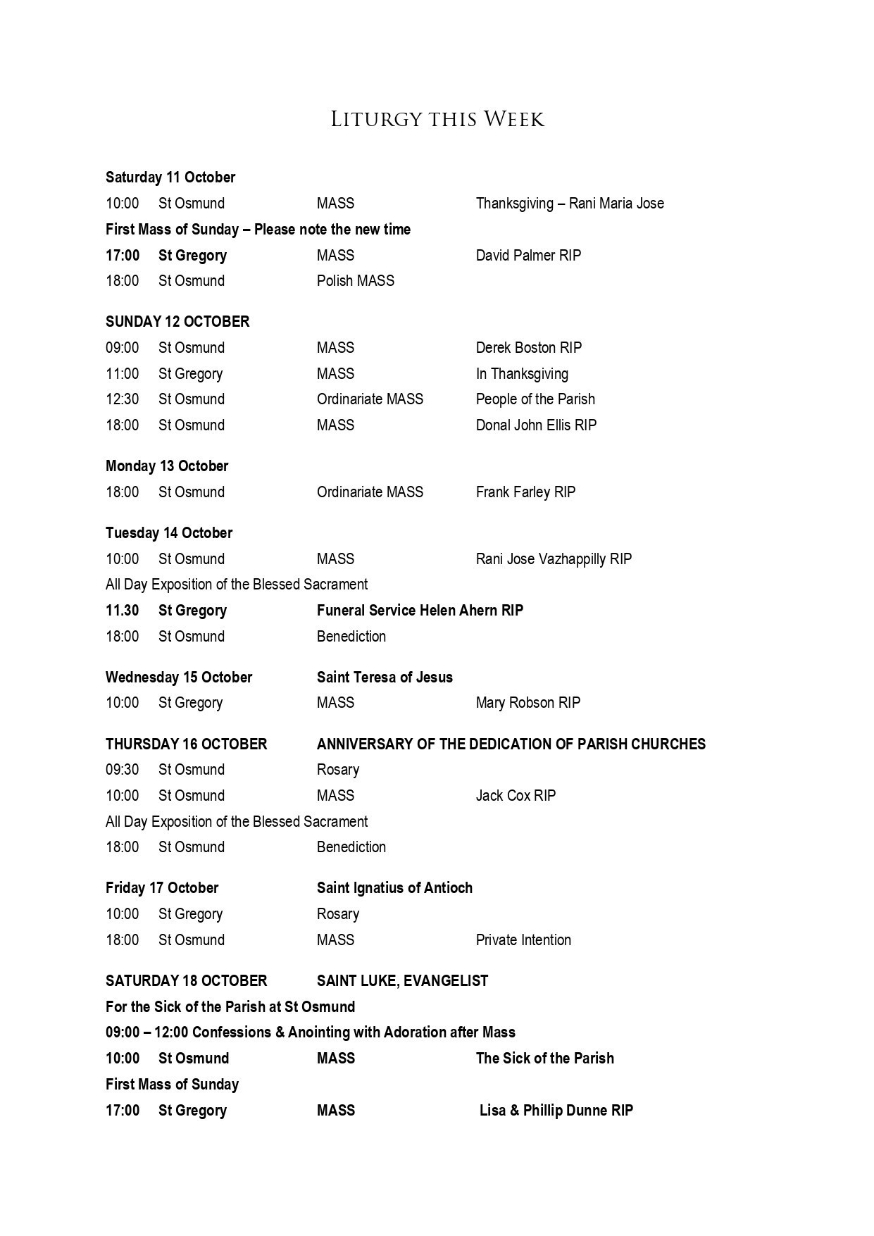 Mass Times 10 Oct