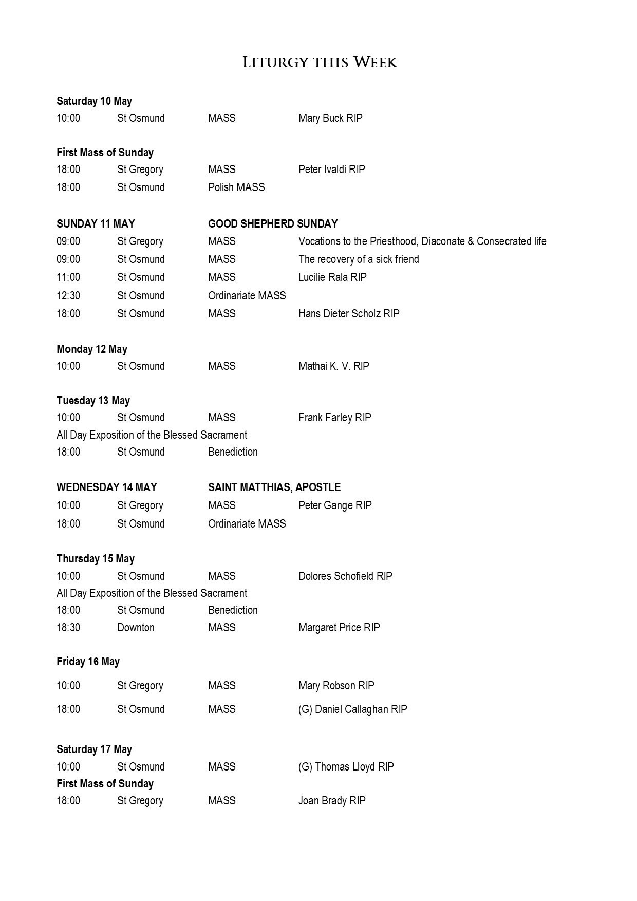 Mass Times 11 May