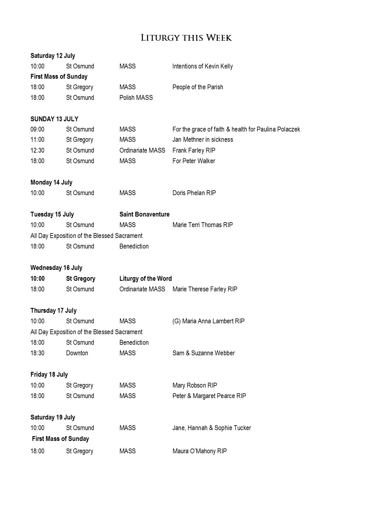Mass Times 13 Jul