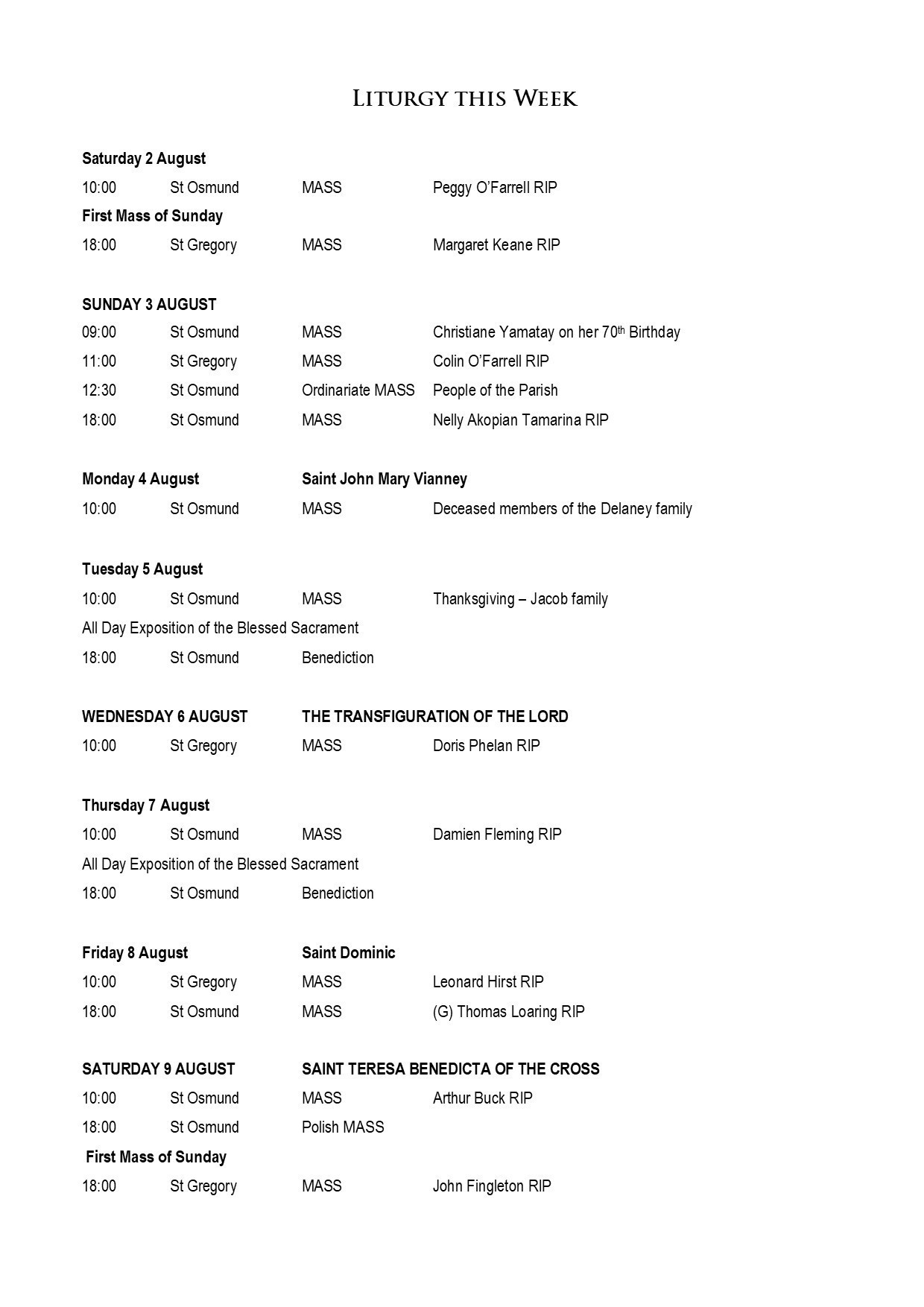 Mass Times 3 Aug