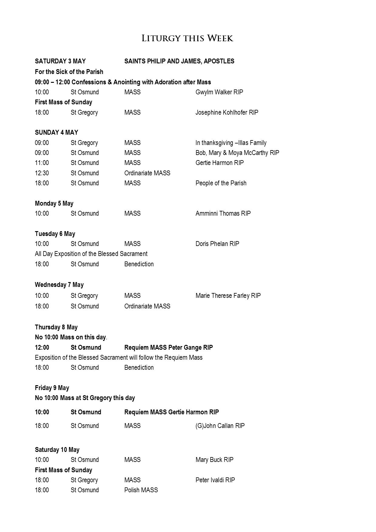 Mass Times 4 May